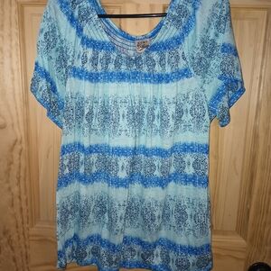 Como Vintage Aqua and Blue Patterned Blouse